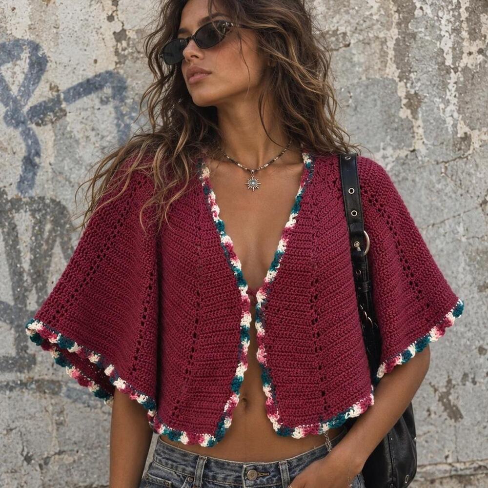 Handmade Crochet Burgundy Boho Capelet Poncho